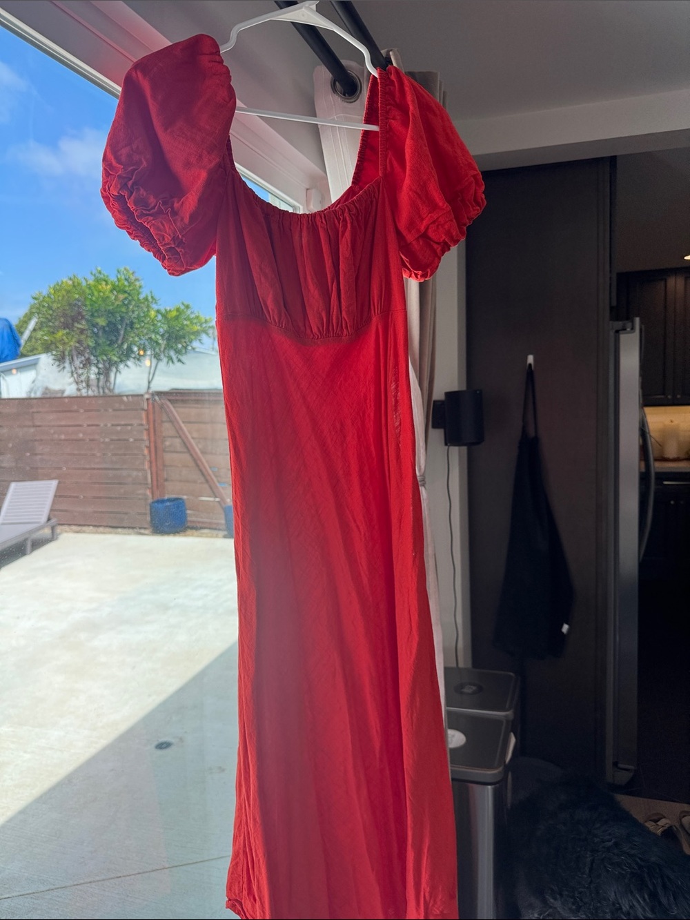 Boden Red Linen Midi Dress with Puff Sleeves